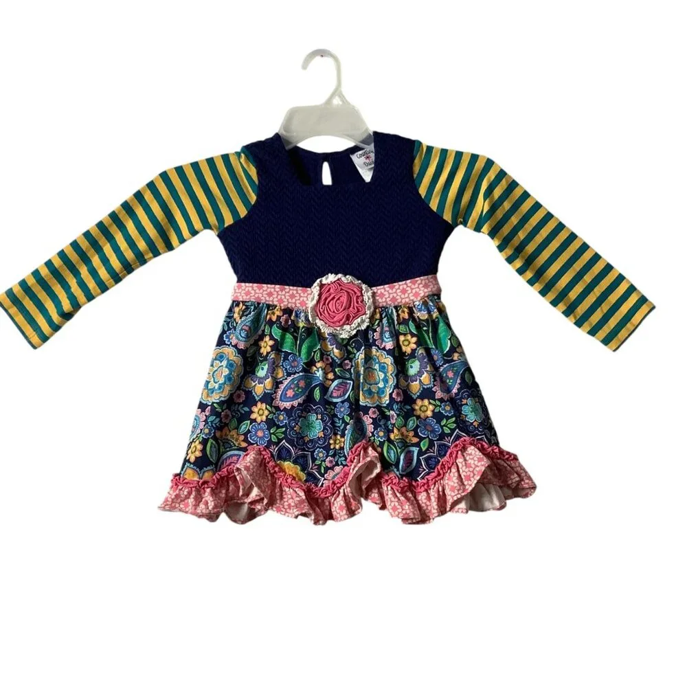 Counting Daisies Floral Dress Striped Sleeves Rose‎ Waist Detail Girl Size 6